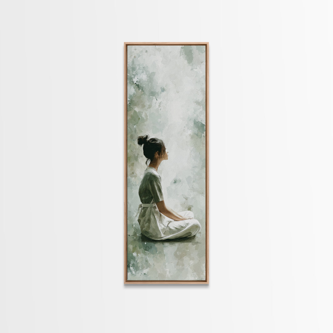 Soft Watercolor Aura Around Seated Figure Framed Canvas Print, Yoga Studio Art, Mandala Wall Art, Yoga Studio Decor, Balance, YSA-1x3-83