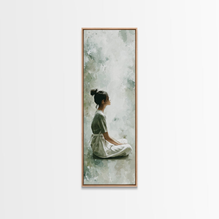 Soft Watercolor Aura Around Seated Figure Framed Canvas Print, Yoga Studio Art, Mandala Wall Art, Yoga Studio Decor, Balance, YSA-1x3-83