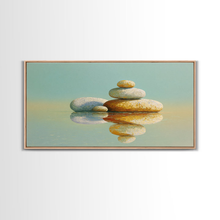 Balanced Stones Beside Calm Water Framed Canvas Print, Yoga Studio Art, Living Room Wall Art, Yoga Studio Decor, Balance, YSA-2x1-72