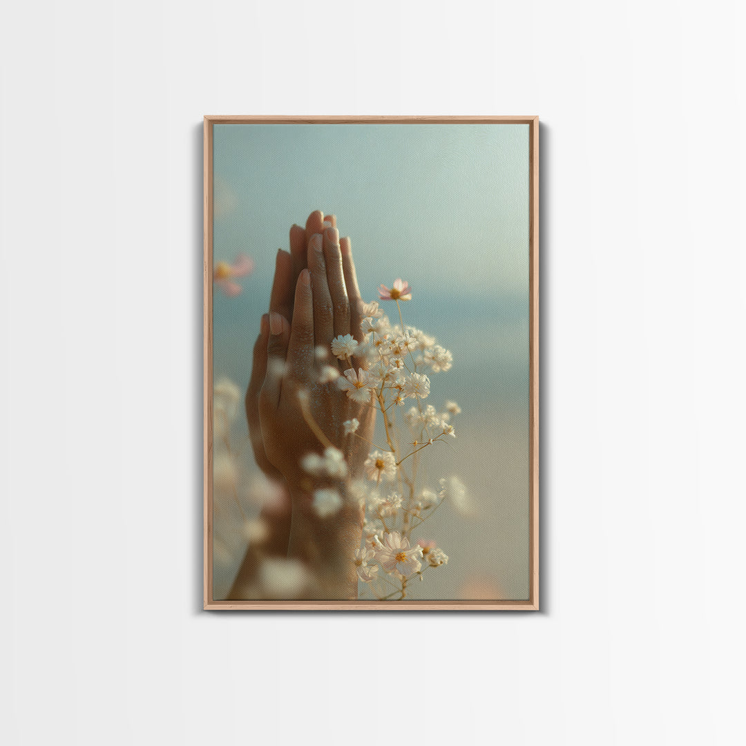 Yoga Hands in Prayer with Small Flowers Framed Canvas Print, Yoga Studio Art, Yoga Studio Decor, Watercolor Art, Balance, YSA-2x3-19