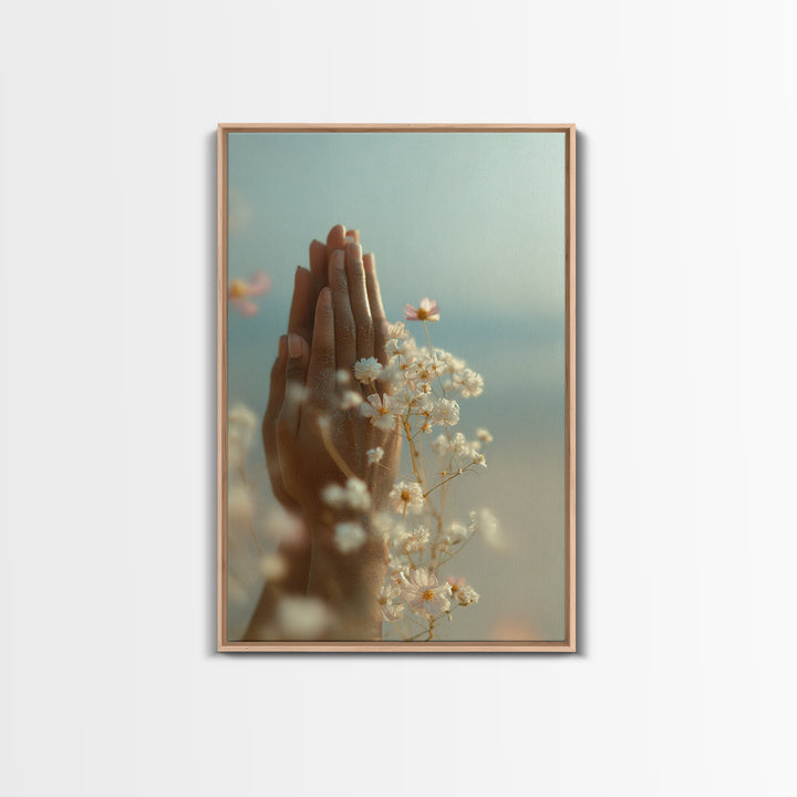 Yoga Hands in Prayer with Small Flowers Framed Canvas Print, Yoga Studio Art, Yoga Studio Decor, Watercolor Art, Balance, YSA-2x3-19