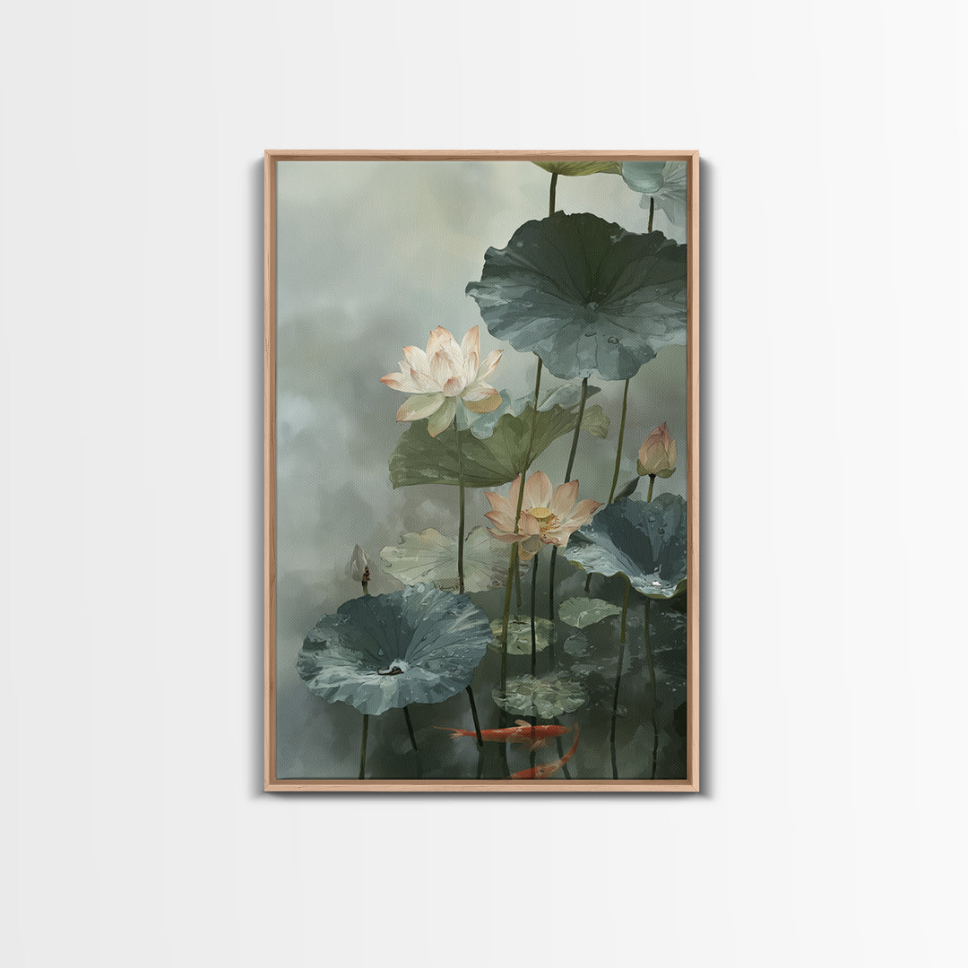 Lotus and Koi Water Scene Framed Canvas Print, Yoga Studio Art, Boho Decor, Yoga Studio Decor, Balance, Bookshelf Decor, YSA-2x3-30