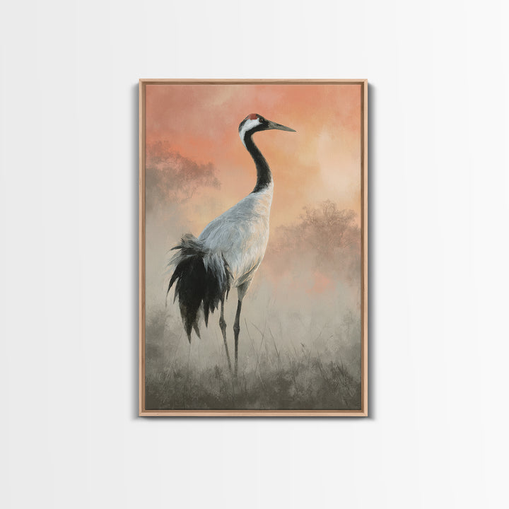 White Crane in Misty Morning Canvas Print, Yoga Studio Art, Mandala Wall Art, Yoga Studio Decor, Oil Painting, Balance, YSA-2x3-95