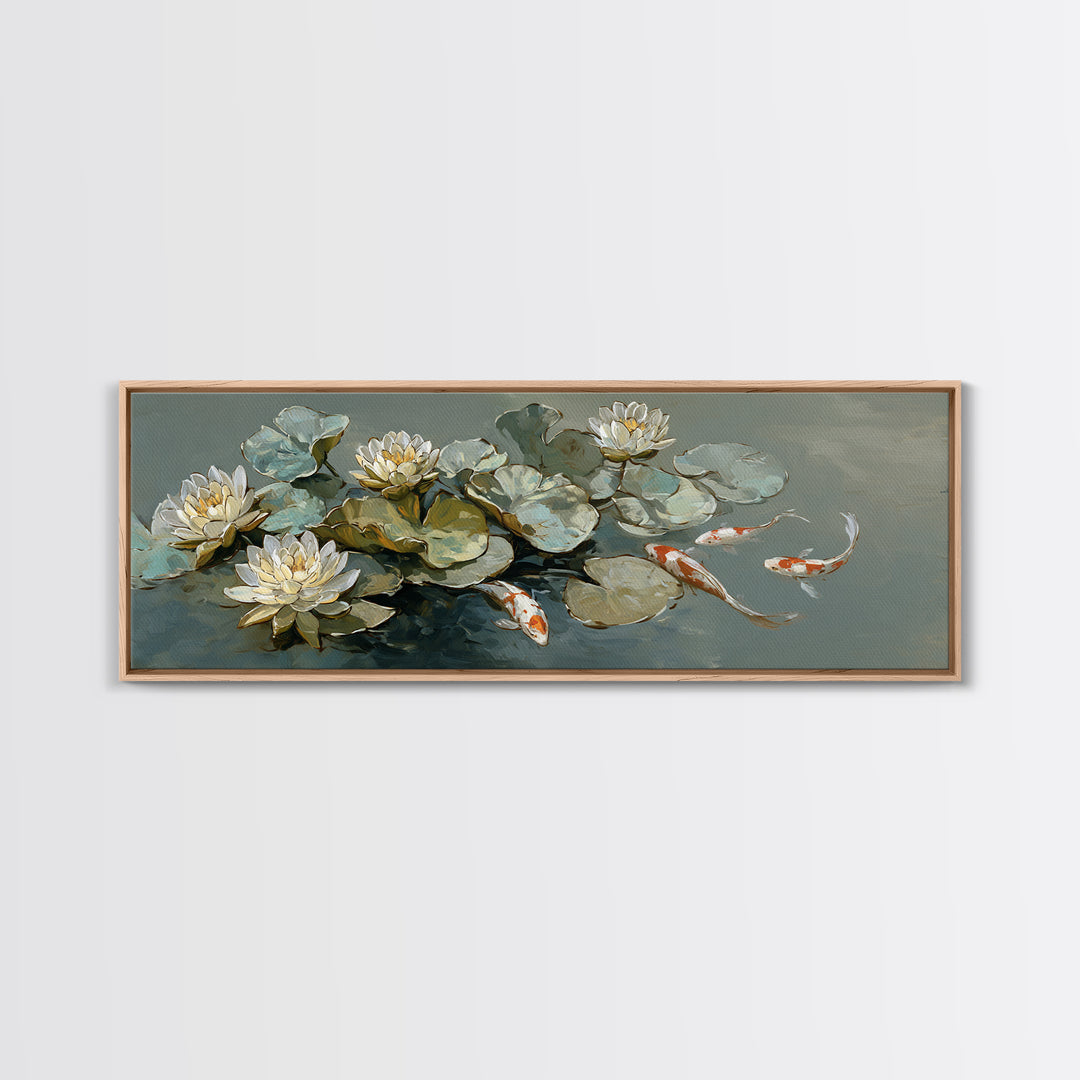 Lotus and Koi Water Scene Canvas Print, Yoga Studio Art, Boho Wall Hanging, Yoga Studio Decor, Fine Art, Balance, YSA-3x1-14