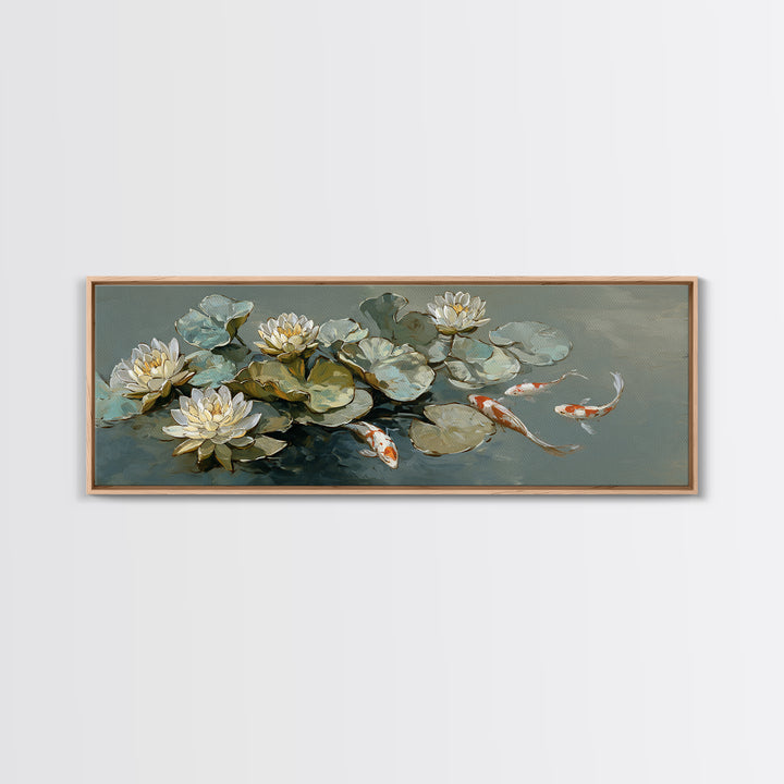 Lotus and Koi Water Scene Canvas Print, Yoga Studio Art, Boho Wall Hanging, Yoga Studio Decor, Fine Art, Balance, YSA-3x1-14