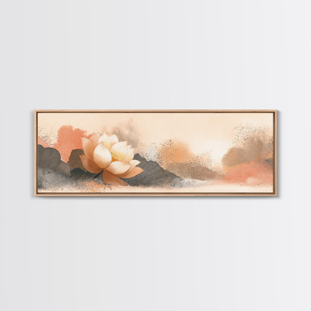 Lotus Flower with Soft Golden Glow Framed Canvas Print, Yoga Studio Art, Wall Art Print, Yoga Studio Decor, Fine Art, Balance, YSA-3x1-67