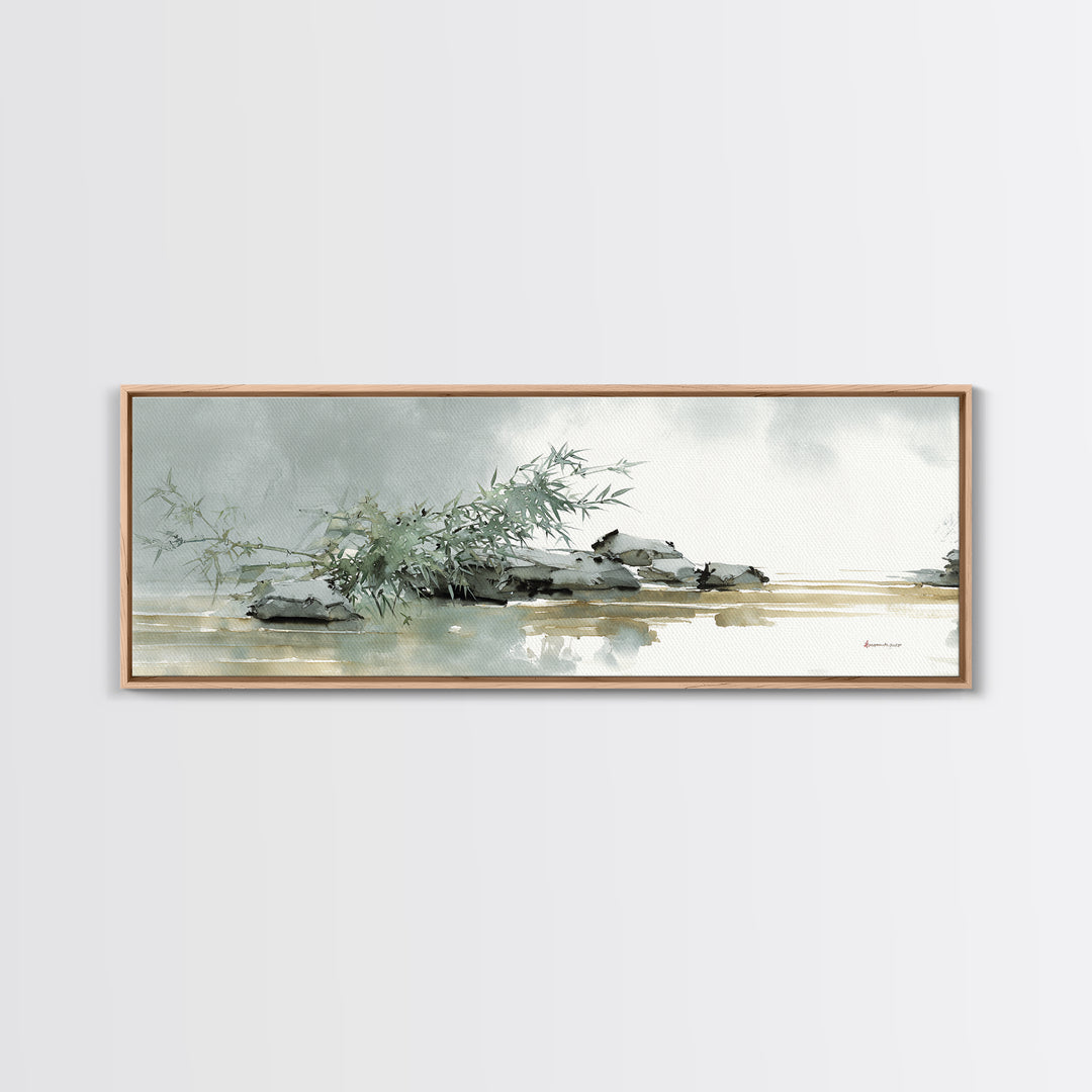 Bamboo and Mist Ink Wash Composition Framed Canvas Print, Yoga Studio Art, Nature Prints, Yoga Studio Decor, Oil Painting, YSA-3x1-74