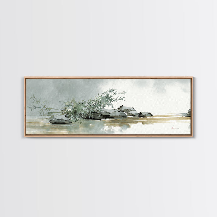 Bamboo and Mist Ink Wash Composition Framed Canvas Print, Yoga Studio Art, Nature Prints, Yoga Studio Decor, Oil Painting, YSA-3x1-74
