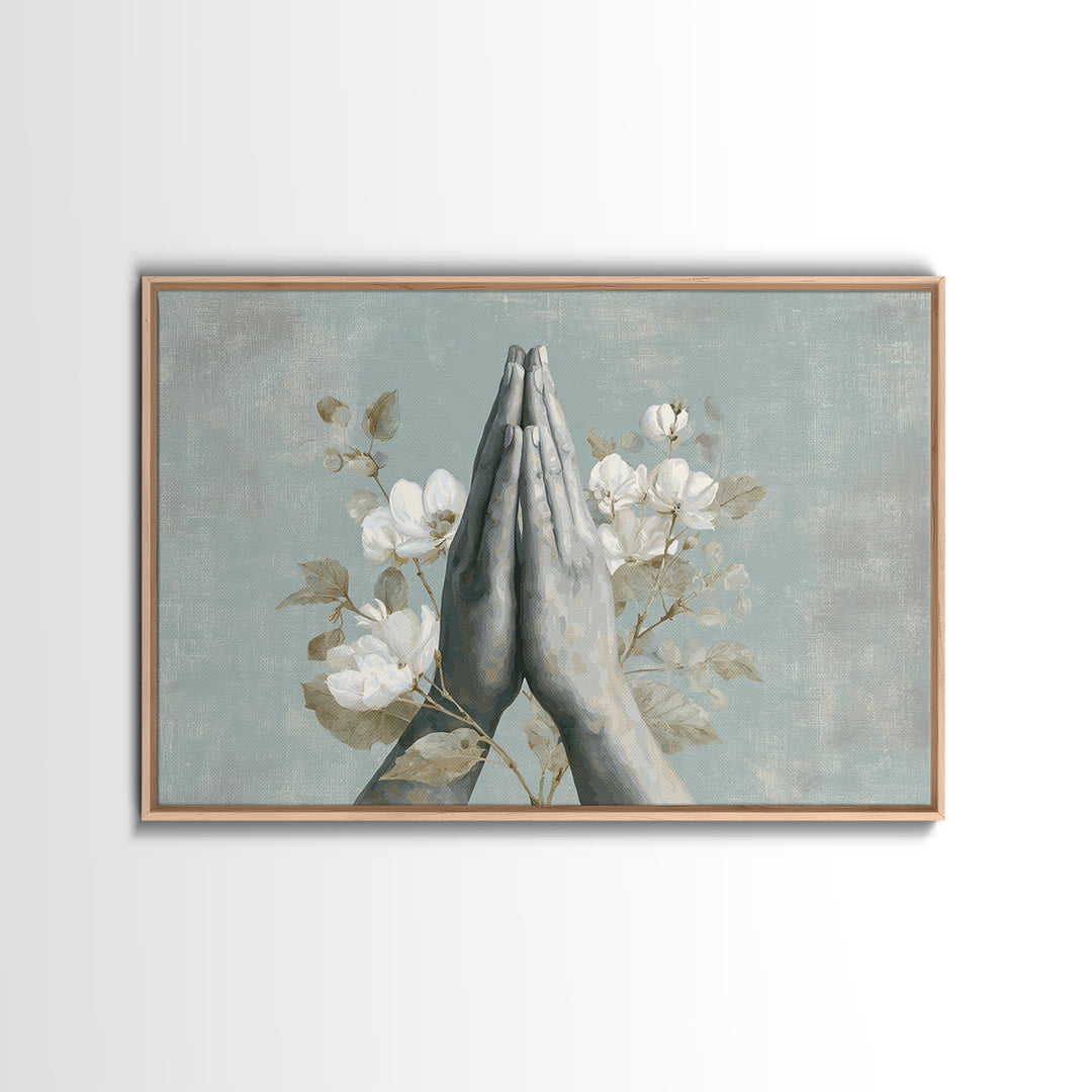 Yoga Hands in Prayer with Small Flowers Canvas Print, Yoga Studio Art, Living Room Wall Art, Yoga Studio Decor, Balance, YSA-3x2-15