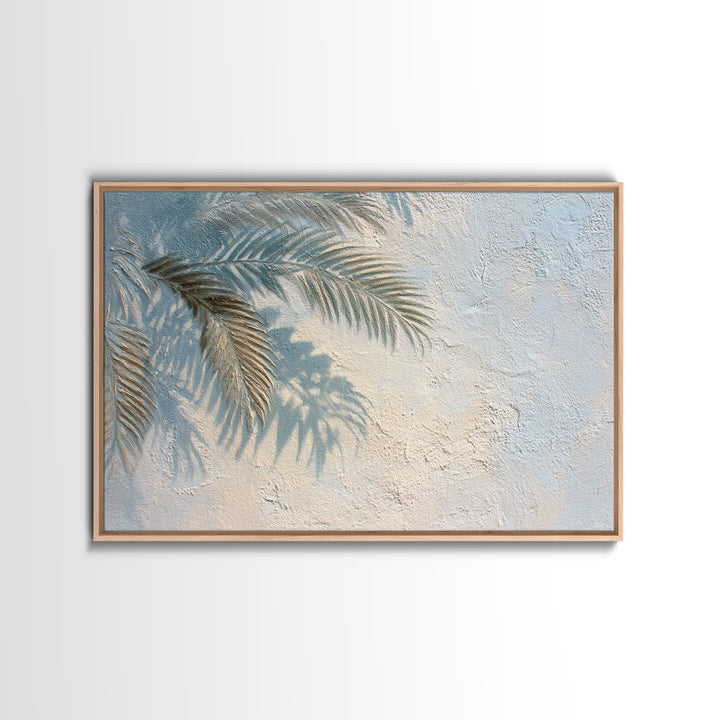 Gentle Palm Leaf Shadow on Plaster Framed Canvas Print, Yoga Studio Art, Minimalist Wall Art, Yoga Studio Decor, Balance, YSA-3x2-28