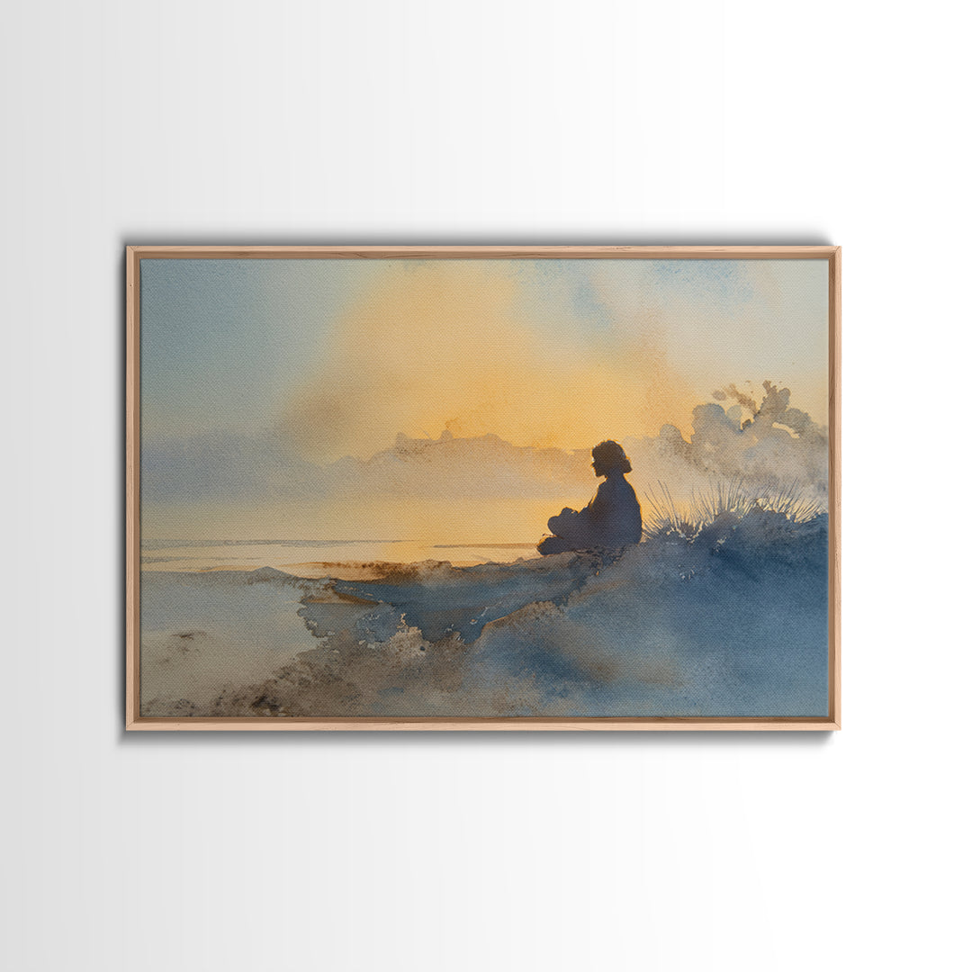 Soft Watercolor Aura Around Seated Figure Canvas Print, Yoga Studio Art, Custom Wall Art, Yoga Studio Decor, Fine Art, Balance, YSA-3x2-3