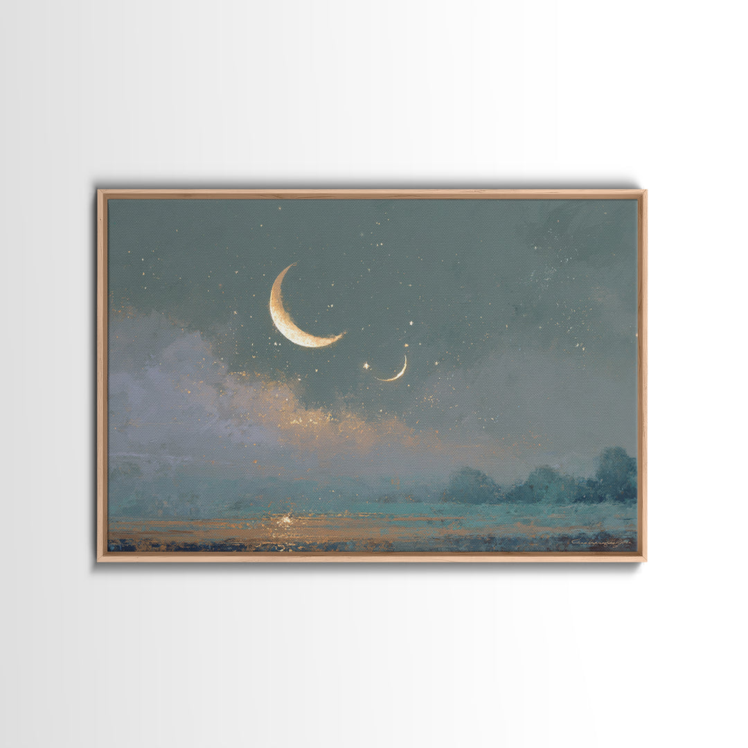 Crescent Moon and Stars Framed Canvas Print, Yoga Studio Art, Large Wall Decor, Yoga Studio Decor, Fine Art, Balance, YSA-3x2-46
