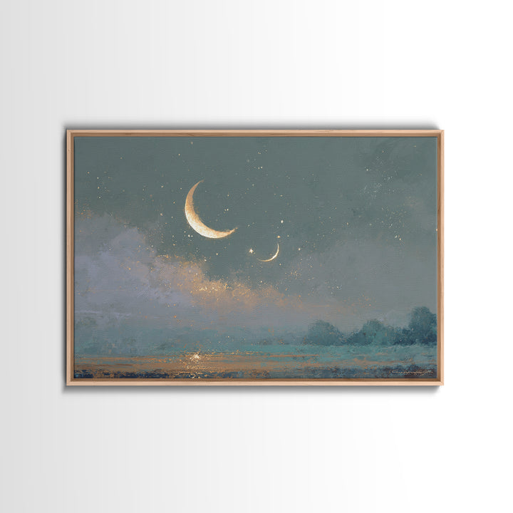 Crescent Moon and Stars Framed Canvas Print, Yoga Studio Art, Large Wall Decor, Yoga Studio Decor, Fine Art, Balance, YSA-3x2-46