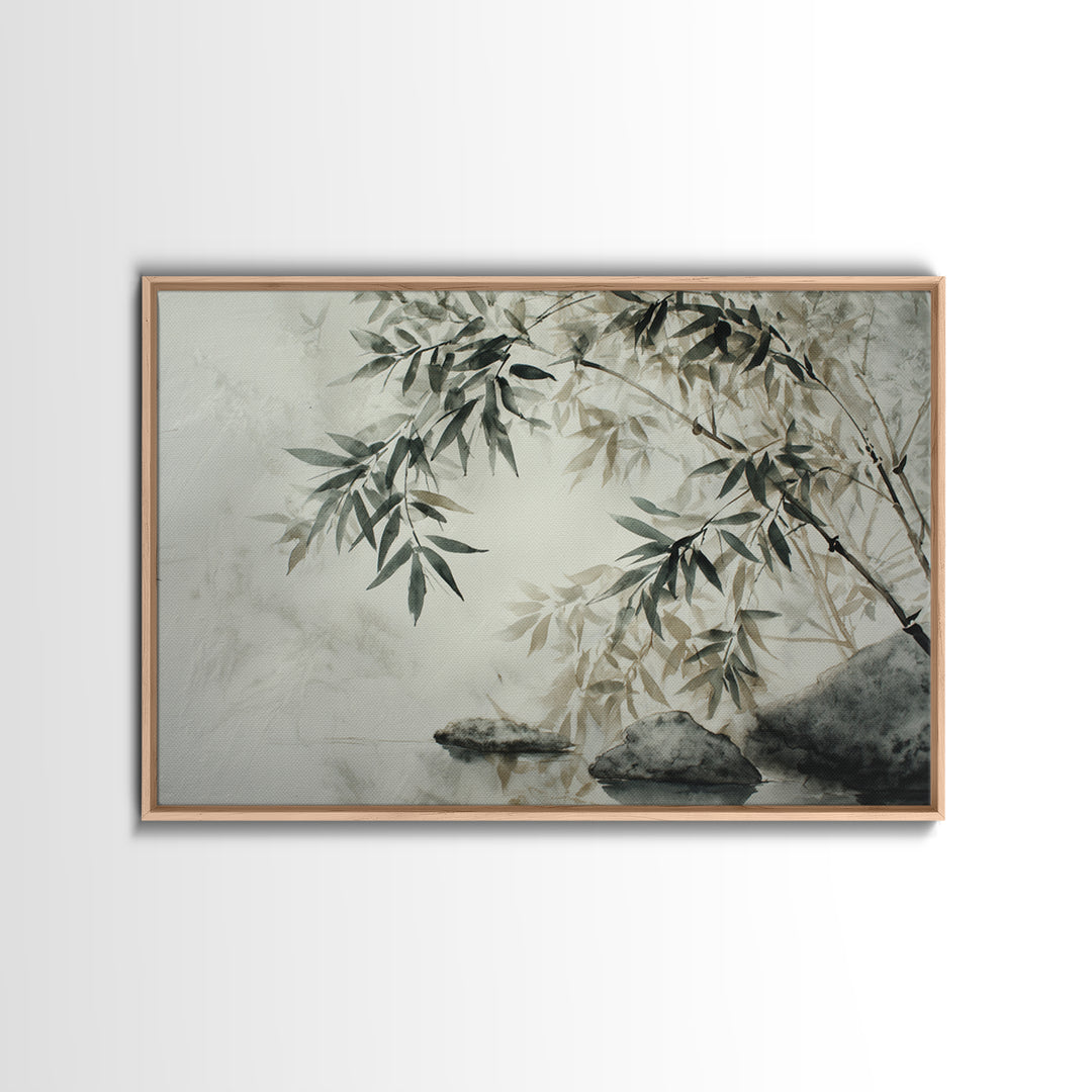 Bamboo and Mist Ink Wash Composition Canvas Print, Yoga Studio Art, Metal Wall Decor, Yoga Studio Decor, Fine Art, Balance, YSA-3x2-62