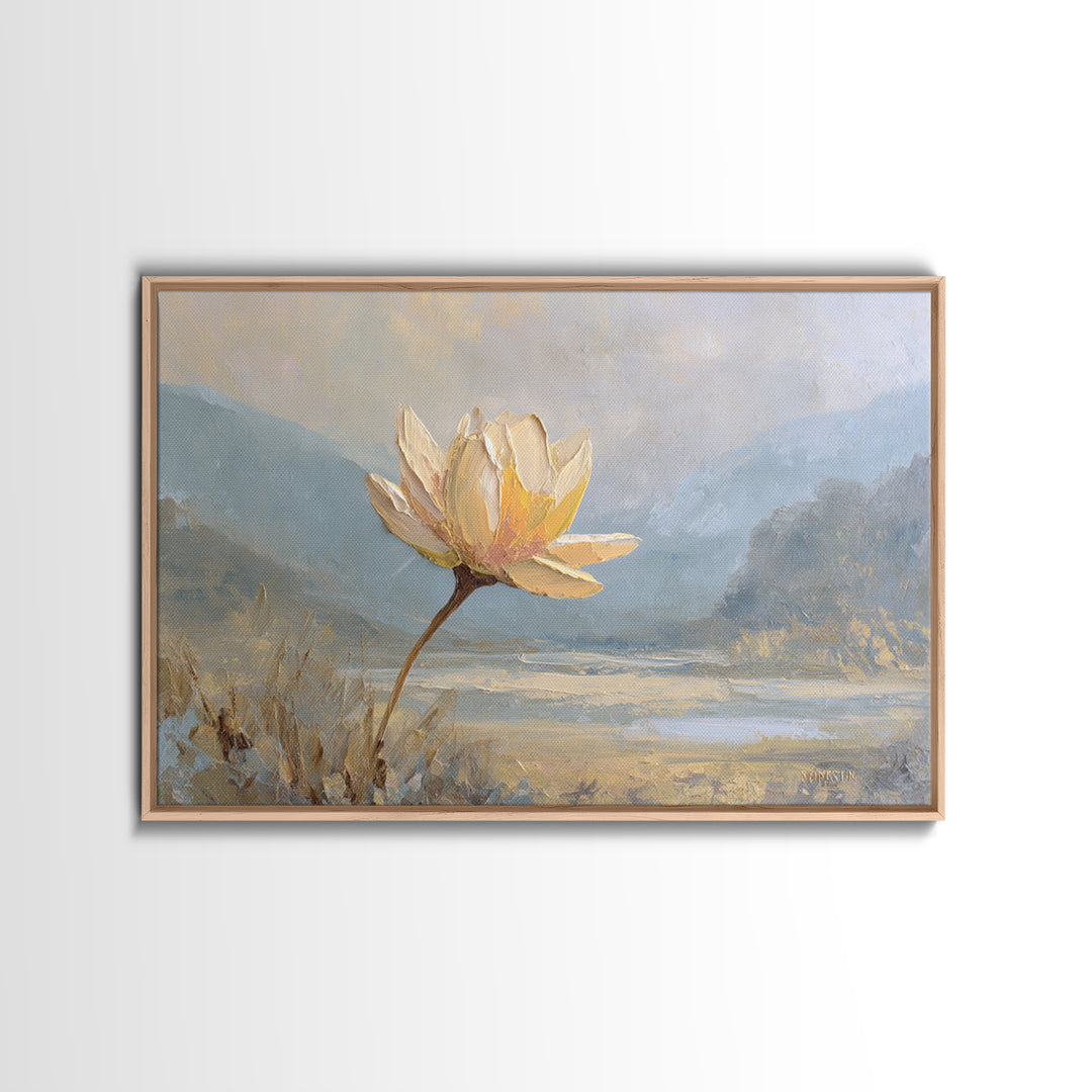 Lotus Flower with Soft Golden Glow Framed Canvas Print, Yoga Studio Art, Feminine Wall Art, Yoga Studio Decor, Watercolor Art, YSA-3x2-79