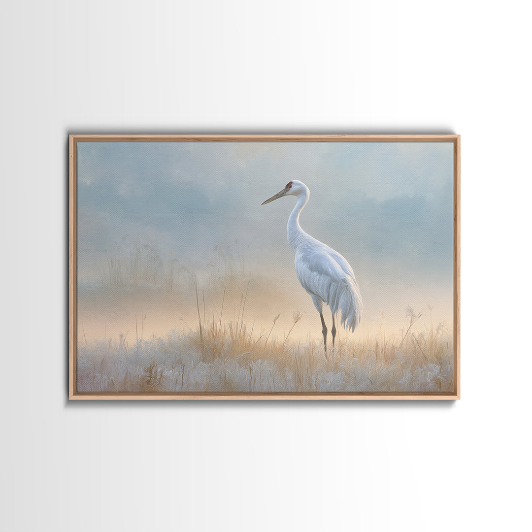 White Crane in Misty Morning Framed Canvas Print, Yoga Studio Art, Art Print, Yoga Studio Decor, Oil Painting, Balance, YSA-3x2-91