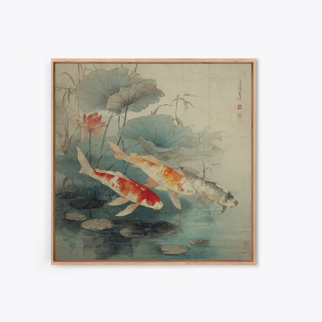Koi Fish Beneath Floating Lotus Leaves Framed Canvas Print, Zen Art, Metal Wall Art, Living Room Decor, Oil Painting, Zen, ZEN-1x1-28