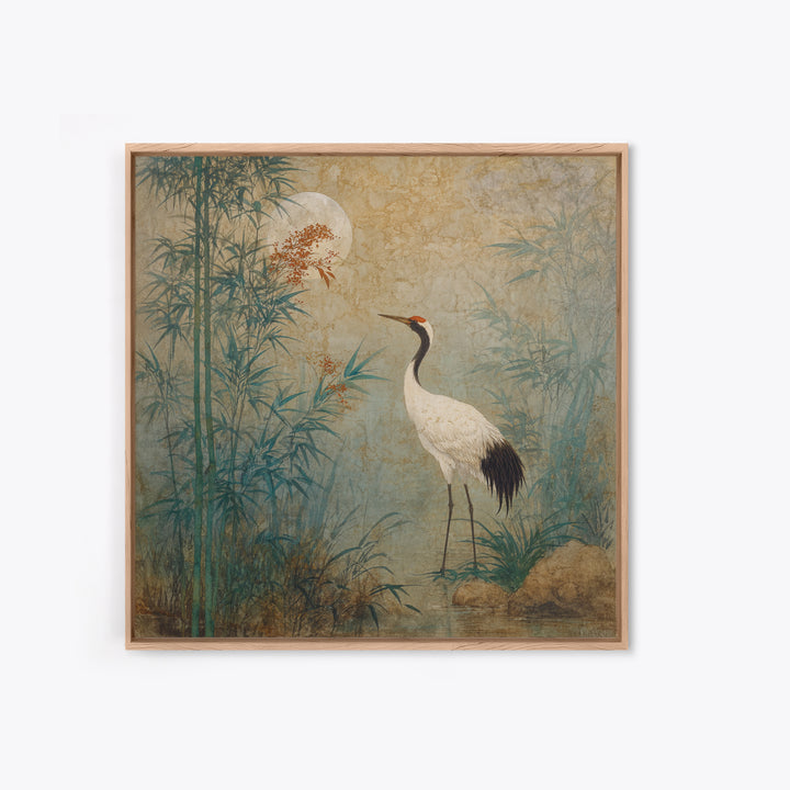 White Crane Standing Framed Canvas Print, Zen Art, Luxury Decor, Living Room Decor, Oil Painting, Zen, Large Wall Art, ZEN-1x1-79