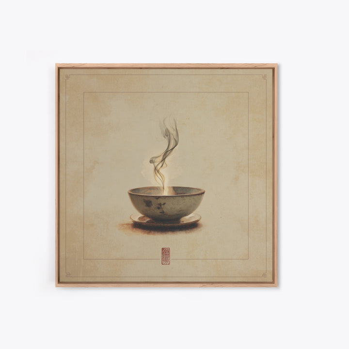 Tea Bowl with Steam Rising Gently Framed Canvas Print, Zen Art, Statement Artwork, Living Room Decor, Fine Art, Zen, ZEN-1x1-80