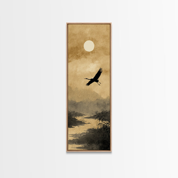 Crane Flying Across Pale Sun Canvas Print, Zen Art, Beach Decor, Living Room Decor, Abstract Art, Zen, Modern Decor, ZEN-1x3-60