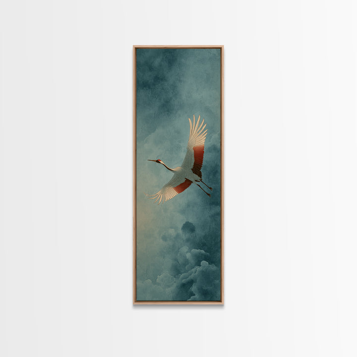 Crane Flying Across Pale Sun Framed Canvas Print, Zen Art, Flower Print, Living Room Decor, Fine Art, Zen, Textured Painting, ZEN-1x3-84