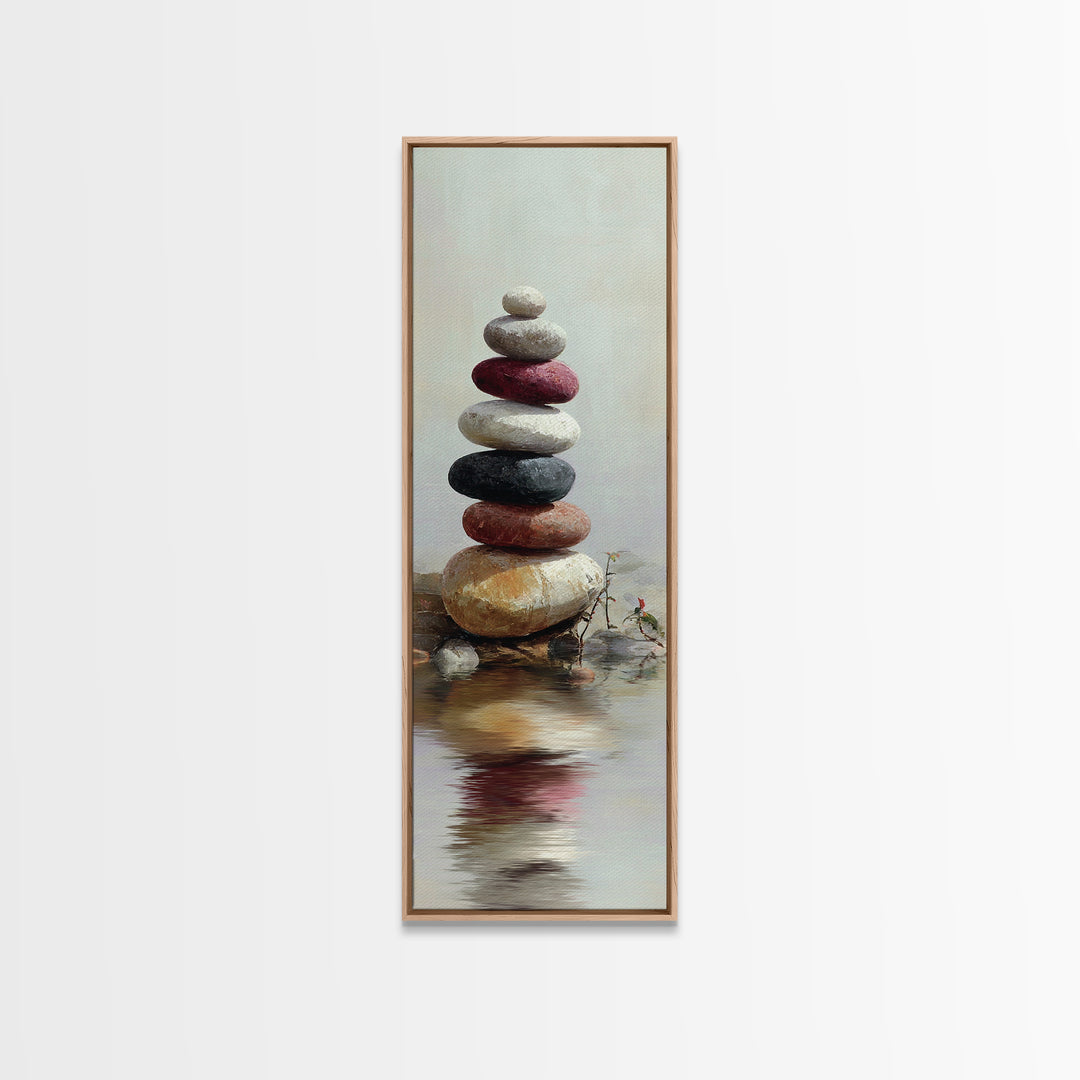 Stacked Stones Beside Still Water Framed Canvas Print, Zen Art, Wall Decor, Living Room Decor, Fine Art, Zen, Japanese Wall Art, ZEN-1x3-87