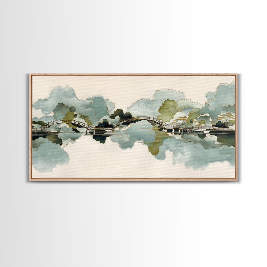 Japanese Garden Bridge Implied Through Shapes Framed Canvas Print, Zen Art, Art Print, Living Room Decor, Watercolor Art, Zen, ZEN-2x1-10
