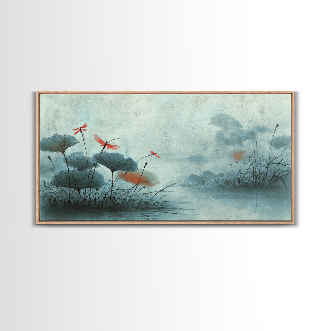 Dragonfly over Lotus Pond Framed Canvas Print, Zen Art, Room Decor, Living Room Decor, Fine Art, Zen, Canvas Wall Art, ZEN-2x1-12