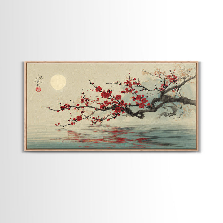 Black Branch with One Red Blossom Framed Canvas Print, Zen Art, Japanese Wall Art, Living Room Decor, Watercolor Art, Zen, ZEN-2x1-29