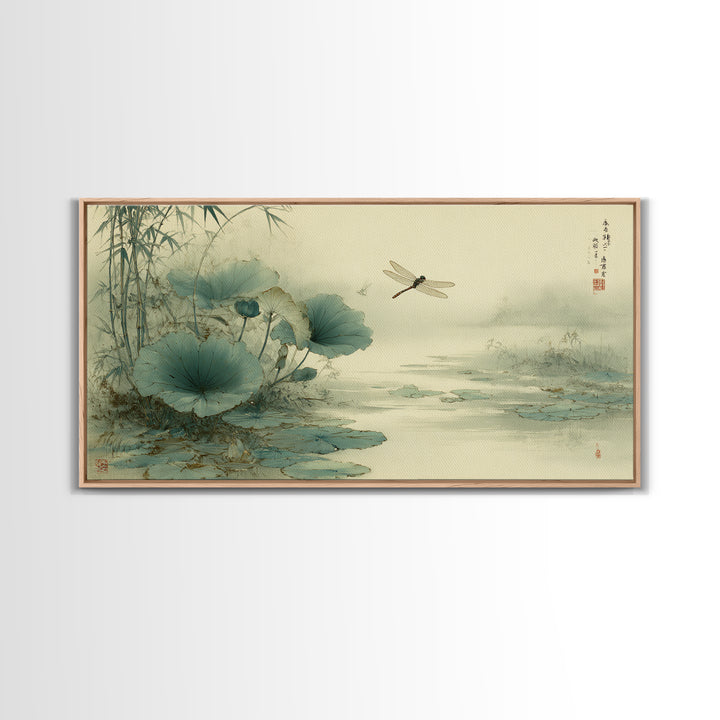 Dragonfly over Lotus Pond Framed Canvas Print, Zen Art, Large Wall Art, Living Room Decor, Oil Painting, Zen, Beach Decor, ZEN-2x1-60