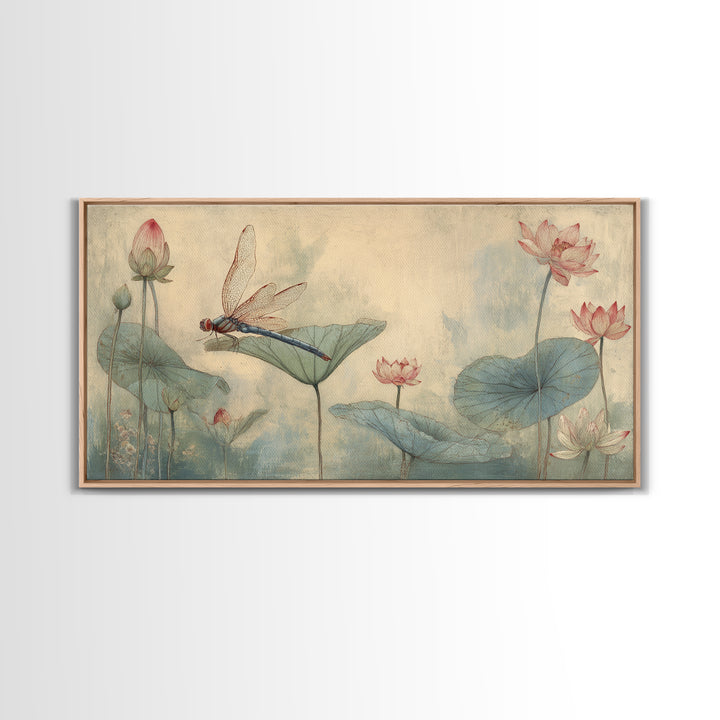 Dragonfly over Lotus Pond Framed Canvas Print, Zen Art, Japandi Wall Art, Living Room Decor, Fine Art, Zen, Neutral Decor, ZEN-2x1-84