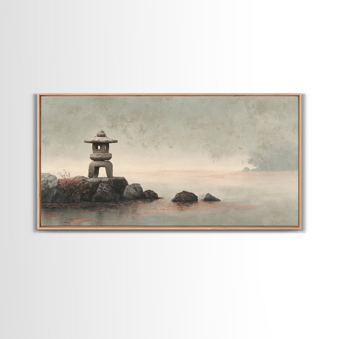 Stone Lantern in Morning Fog Without Garden Framed Canvas Print, Zen Art, Digital Print, Living Room Decor, Fine Art, Zen, ZEN-2x1-86