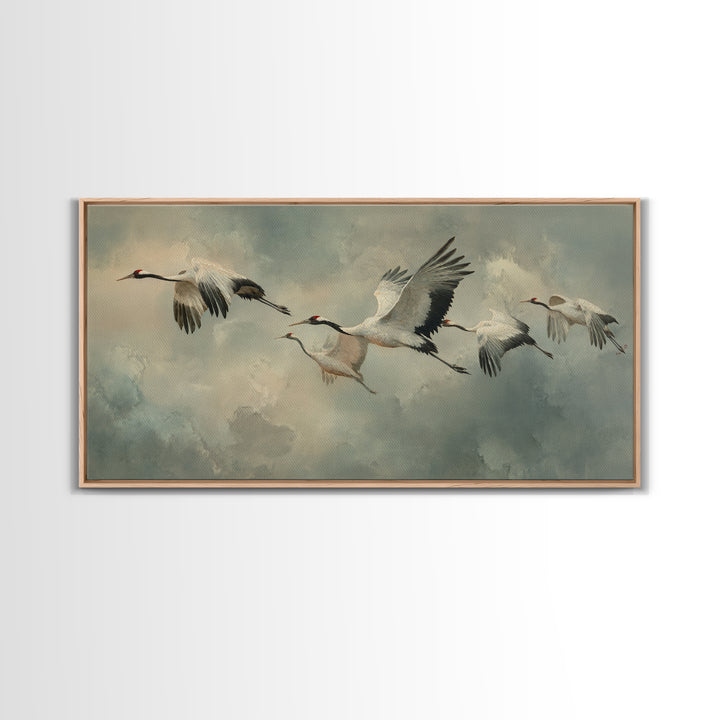 Crane Flying Across Pale Sun Framed Canvas Print, Zen Art, Japanese Wall Art, Living Room Decor, Oil Painting, Zen, ZEN-2x1-92