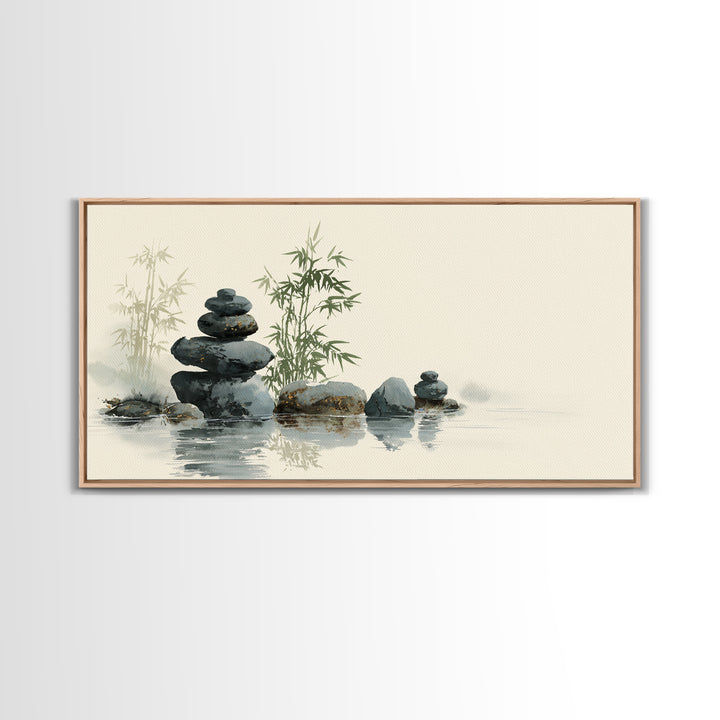 Stacked Stones Beside Still Water Framed Canvas Print, Zen Art, Statement Artwork, Living Room Decor, Fine Art, Zen, ZEN-2x1-95