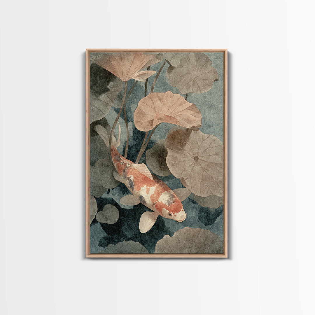 Koi Fish Beneath Floating Lotus Leaves Framed Canvas Print, Zen Art, Japanese Wall Art, Living Room Decor, Oil Painting, Zen, ZEN-2x3-12