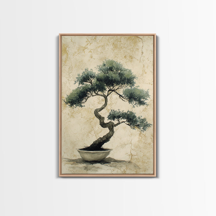 Bonsai Tree in Simple Ceramic Pot Framed Canvas Print, Zen Art, Extra Large Wall Art, Living Room Decor, Oil Painting, Zen, ZEN-2x3-20