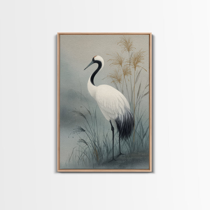 White Crane Standing Canvas Print, Zen Art, Minimalist Wall Art, Living Room Decor, Zen, Fine Art Print, Statement Artwork, ZEN-2x3-39