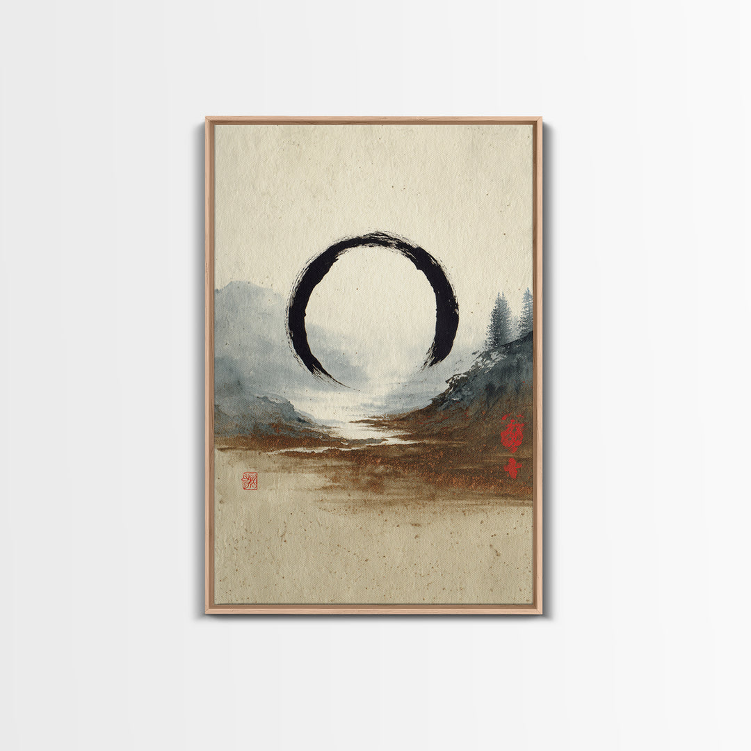 Single Black Ens Circle on Warm Paper Canvas Print, Zen Art, Wabi Sabi Art, Living Room Decor, Oil Painting, Zen, ZEN-2x3-57
