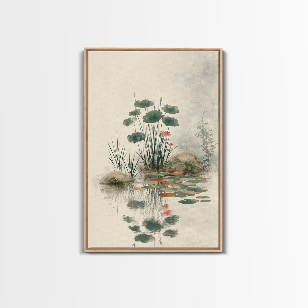 Moon Reflected in Quiet Pond Canvas Print, Zen Art, Living Room Decor, Oil Painting, Zen, Japanese Decor, Flower Print, ZEN-2x3-66