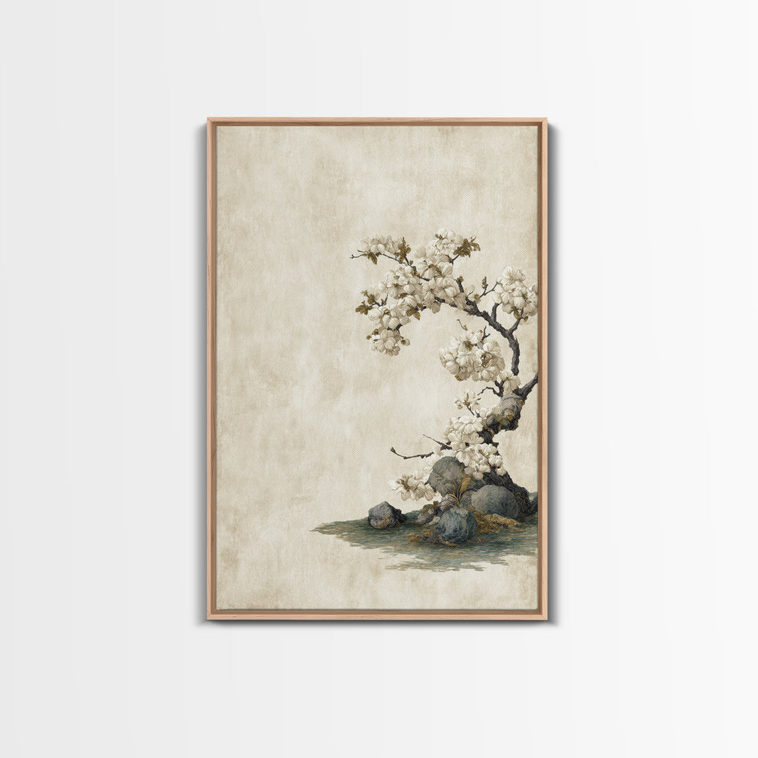 Falling Cherry Blossoms on Cream Ground Framed Canvas Print, Zen Art, Statement Artwork, Living Room Decor, Fine Art, Zen, ZEN-2x3-76
