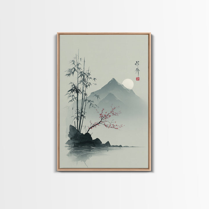 Minimal Mountain in Fog with Empty Space Framed Canvas Print, Zen Art, Contemporary Art, Living Room Decor, Oil Painting, Zen, ZEN-2x3-85