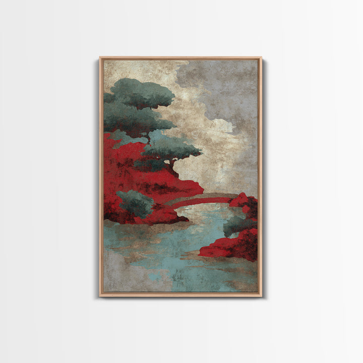 Japanese Garden Bridge Implied Through Shapes Framed Canvas Print, Zen Art, Japandi Wall Art, Living Room Decor, Watercolor Art, ZEN-2x3-94