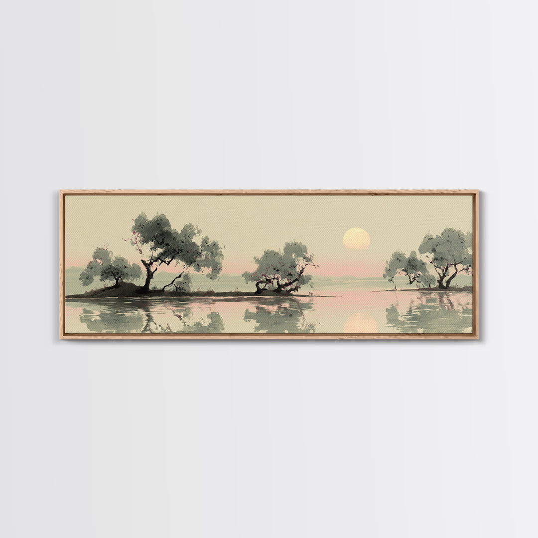 Moon Reflected in Quiet Pond Framed Canvas Print, Zen Art, Garden Art, Living Room Decor, Fine Art, Zen, Neutral Wall Art, ZEN-3x1-2