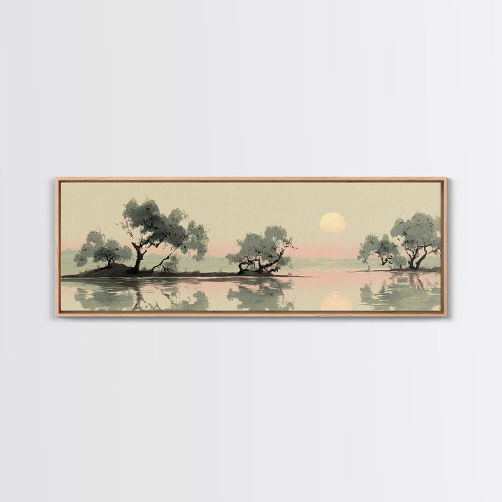 Moon Reflected in Quiet Pond Framed Canvas Print, Zen Art, Garden Art, Living Room Decor, Fine Art, Zen, Neutral Wall Art, ZEN-3x1-2