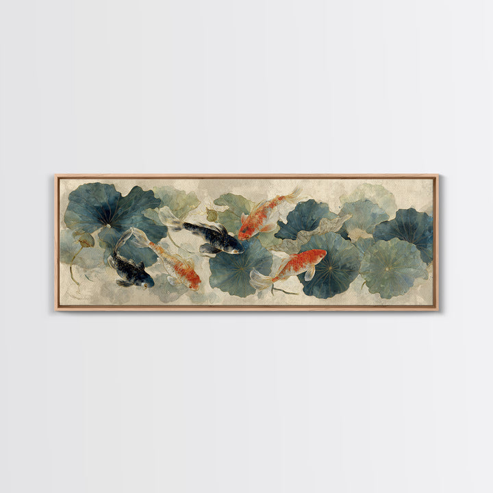 Koi Fish Beneath Floating Lotus Leaves Canvas Print, Zen Art, Neutral Wall Art, Living Room Decor, Fine Art, Zen, ZEN-3x1-20
