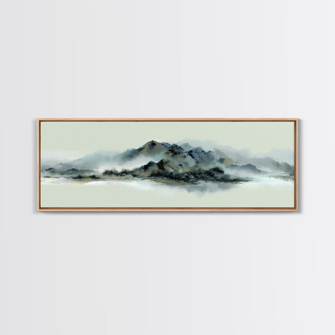 Minimal Mountain in Fog with Empty Space Framed Canvas Print, Zen Art, Luxury Decor, Living Room Decor, Fine Art, Zen, ZEN-3x1-69
