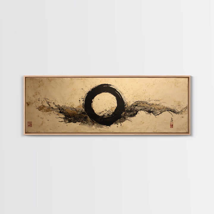 Single Black Ens Circle on Warm Paper Framed Canvas Print, Zen Art, Wall Art, Living Room Decor, Oil Painting, Zen, ZEN-3x1-89