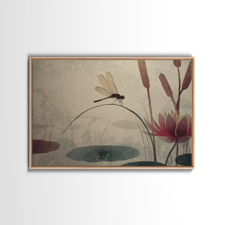 Dragonfly over Lotus Pond Canvas Print, Zen Art, Textured Painting, Living Room Decor, Watercolor Art, Zen, Abstract Art, ZEN-3x2-44