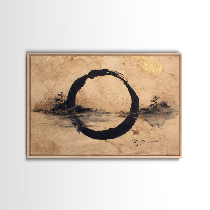 Single Black Ens Circle on Warm Paper Framed Canvas Print, Zen Art, Statement Artwork, Living Room Decor, Fine Art, Zen, ZEN-3x2-5