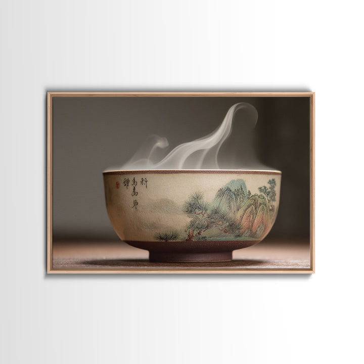 Tea Bowl with Steam Rising Gently Framed Canvas Print, Zen Art, Metal Wall Art, Living Room Decor, Zen, Japandi Wall Art, ZEN-3x2-60